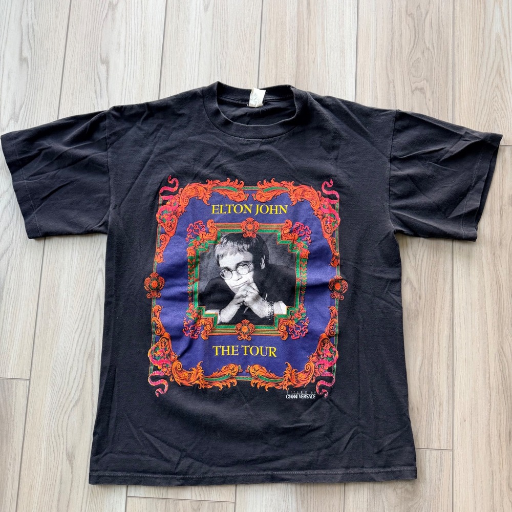 1992 Vintage Sportswear Elton John T-Shirt Mens L Black Versace Tour Graphic
